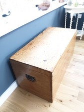 Old Victorian Pine Chest, Antique Wooden Trunk Blanket Box, Coffee Table Vintage