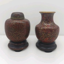 Chinese Miniature Cloisonne Ginger Jar & Lid & Urn Vase On Wood Stand Enamelled