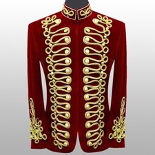 Men's Red Hussar Velvet Jacket Military Gold Braided Jacket