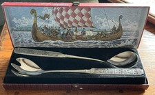 Vintage Boxed Konge Tinn Royal Pewter Norway Viking Salad or Fruit Servers 