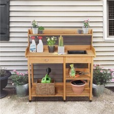 Outdoor Potting Bench Table Wooden Work Station with Removable Sink and Drawer