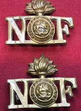 Rare Pair of Pre WW1 (1910-1913) Northumberland Fusiliers Brass Shoulder Titles