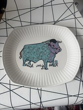 Vintage Beefeater English Ironstone Pottery Blue Pink Bull Platter Plate 1970s