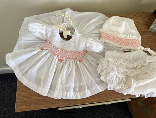 Newborn white pink smocked - newborn, white/pink