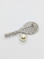 Elegant Tennis Racket Brooch with Pearl & Rhinestone Accents - Vintage Style