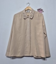 Vintage 80s Norman Linton Longsleeve Beige Blouse Size 16 Button Up Collared VGC