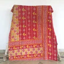 Indian Handmade Vintage Kantha Quilt Reversible Bedspread Single Cotton Coverlet