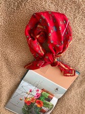 Stunning Vintage Silk Square Scarf Hadn Stitched Red Floral