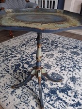 Antique French Papier Mache Tray Tilt Top Table Blue Hand Painted