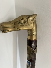 Vintage Souvenir Walking Stick - Brass Horse Head Handle & Travel Crest Badges