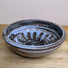 Vintage Studio Pottery Bowl Llangollen Wales Blue & Brown Glaze Fruit Decoative