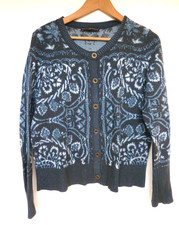 PERUVIAN CONNECTION blue cream RUSTIC FLORAL KNITTED CARDIGAN Size M Size 12