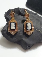 Antique Victorian Cameo Dangle Etruscan Black Stone Earrings 