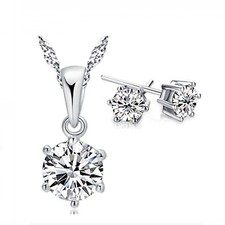 Women's Silver Plated Zirconia Crystal Necklace And Stud Earring Set Gift UK