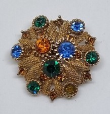 Vintage Jewellery Signed Sphinx Colourful Glass Brooch In Gold Tone
