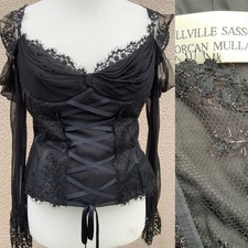 BELLVILLE SASSOON VINTAGE 8s BLACK SILK LACE CORSET TOP DESIGNER 14 GOTHIC SEXY