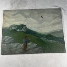 Boy Flying Kite Mountain Landscape Original Painting Canvas Panel Fredrix 18x24
