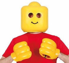 ADULTS Brick Head Costume Helmet Mask & Hands Blockhead Bricks Fancy Dress