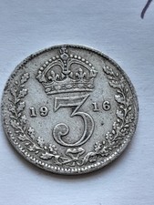 1916 King George V Sterling Silver Threepence Three Pence 3p 3d Light Circulatio