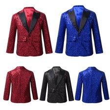 UK Boys Sparkly Sequined Suit Blazer One Button Lapel Birthday Party Jacket Coat