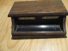 Antique Inkstand Wood Base Red And Black Glass Wells