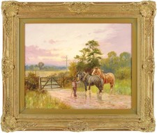 Horses in a Landscape Antique Oil Painting Charles W. Oswald (fl.1892–1900)