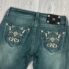 Miss Me Emerald Green Ultra Low Rise Skinny Jeans W28L32 Rhinestone Pockets Y2K 