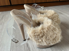 Hella Heels Stripper Slippers Faux Fur Stiletto Clear Pole Dance Shoes7cm Size 6