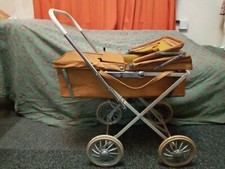 Vintage 1950’s Leatherette And Steel Baby Toy Doll Pram With Folding Hood