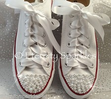 Customised White Converse Pearl And Crystal Sparkle Luxury Wedding Bridal UK 3-7
