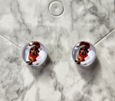 Handmade Christmas Stud Earrings 10mm Dachshund Sausage Dog Santa Hat Cabochon