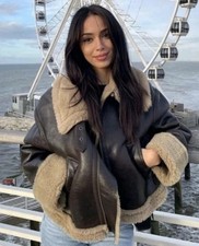 Zara Brown Short Shearling Faux Fur Lined Jacket Aviator XS Extra Small