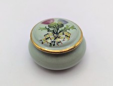 Vintage Bone China Mint Green Gold Thistle Lidded Pill Trinket Pot Kitsch Dish