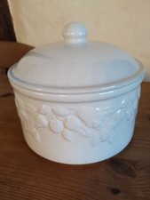 Marks & Spencer White Fruit Embossed Ceramic Lidded Biscuit Jar Very Good cond.