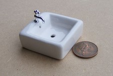 Dolls House Square Ceramic Sink With Fitted Tap 1:12 Scale Kitchen 663 tumdee