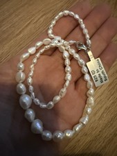 Fresh Water Baroque Pearl Necklace Natural Lustre 925 Silver 22 Cms Drop New!