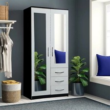 Fully Assembled 2 Door 3 Drawers Mirror Wardrobe Bedroom Storage Hanging Bar