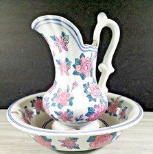 Floral Decorated Water Pitcher & Wash Basin Bowl Pink Blue Green Vintage