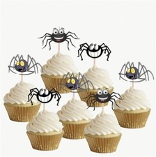 24 Precut Happy Spiders Food Cupcake Toppers Picks Party Halloween Decorations