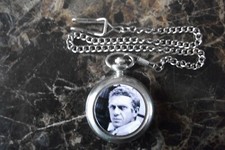 STEVE MCQUEEN CHROME POCKET WATCH WITH CHAIN (NEW) 