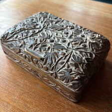 Anglo Indian Antique Chip Carved Wood Box Cigarette Cigar Trinket Vintage