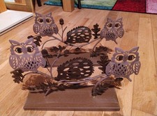 2 Brown metal garden ornaments candle holders owl/ hedgehog/oak leaves 