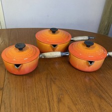 Le Crueset Cast Iron Pan Set 3 Pieces Volcanic Orange Wooden Handles READ DESCRI
