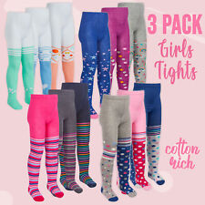 3 Pairs Girls Tights Novelty Spotty Multi Colours Patterned Cotton Rich Knitted
