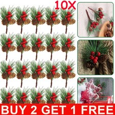 10PCS Christmas Pine Cone Red Berry Picks Stems Floral Picks for Xmas Wreath DIY
