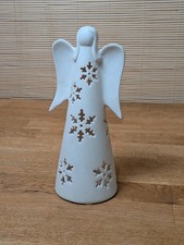 White Ceramic Angel Tealight Holder with Snowflake Cutouts