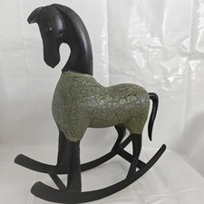 Metal rocking horse black with green distressed body statue ornament 12 inches