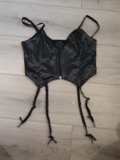 BNWOT Vintage Ann Summers Black Wet Look Zip Front Cami Suspender Top Size 10-12