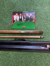 Rare Alex Higgins match used cue and signed photo