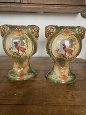 Pair Victorian Vases With Stag And Waterfall. Highland Scottish Scene 